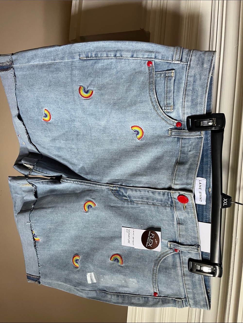 Lane Bryant Light Wash Denim Shorts with Rainbow Patch Embroidery